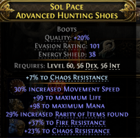 EVASION+ENERGY SHIELD BOOTS 30% MOVEMENT 99 LIFE 98 MANA 29% RARITY 30% FIRE 30 CHAOS RES - image