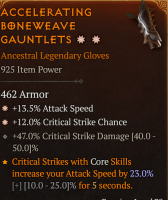 INSANE 2 GA GLOVES GA ATTACK SPEED GA CRITICAL STRIKE CHANCE LIGHTNING SPEAR BUILD BIS GLOVES 925 IL - image