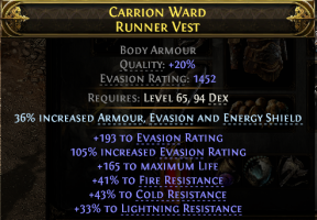 LVL 65 REQ 1452 EVASION CHEST 165 LIFE 41% FIRE 43% COLD 33% LIGHT RESISTS DEADEYE RANGER MONK MERC - image
