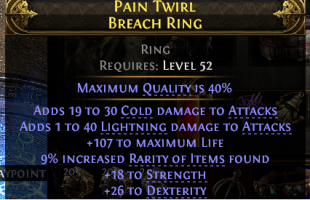 BREACH RING HIGH COLD + LIGHT DAMAGE 107 LIFE 18 STRENGTH 26 DEXTERITY 9 RARITY DEADEYE MERC WARRIOR - image