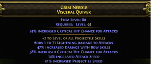VISCERAL QUIVER 70 LIGHT DMG +2 PROJ SKILLS 47% BOW DMG 41% PROJ SPEED 38% CRIT CHANCE 14% A.SPEED - image