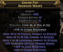 GLOVES HIGH PHYSICAL+FIRE+LIGHTNING DMG 31% CRIT DMG BONUS 34% COLD 20% CHAOS RESIST DEADEYE MONK - image