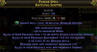 RATTLING SCEPTRE +5 MINION SKILLS 40% INCREASED DMG 126 SPIRIT LIGHT DMG REGEN INFERNALIST WITCH - image