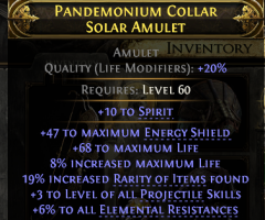 DEADEYE RANGER AMULET +3 PROJECTILE SKILLS 68 LIFE %8 LIFE 19 RARITY 47 MAX ES 6% ALL RES 10 SPIRIT - image