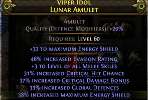 FALLING THUNDER MONK AMULET +3 MELEE SKILLS 46 EVASION 38 E.SHIELD 31 CRIT CHANCE 37 CRIT DMG 33 G.D - image