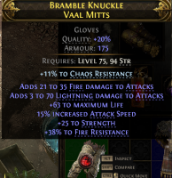 175 ARMOUR GLOVES WITH FIRE+LIGHT DMG 15% ATTACK SPEED 63 LIFE 25 STR 38% FIRE RESIST WARRIOR GLOVES - image