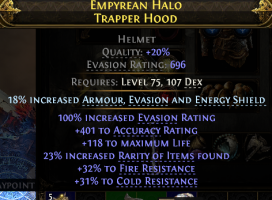 696 EVASION HELM 401 ACCURACY 118 LIFE 23% RARITY FOUND 32% FIRE 31% COLD RESISTS AMAZON HELM HUNTRE - image