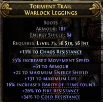 ARMOR+ENERGY SHIELD BOOTS 35% MOVEMENT SPEED 131 LIFE 16 RARITY 26 FIRE 34 COLD  11 CHAOS RESISTS - image