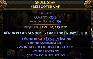 RISE OF THE ABYSSAL 798 EVASION HELMET 189 LIFE 25% CRIT CHANCE 26 DEX 30% COLD RESIST - image