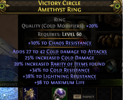 RING 42 COLD DMG 25% COLD DMG 20% RARITY 34% COLD 38% LIGHTNING RES 98 LIFE 10% CHAOS RES - image