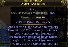 AMETHYST RING HUGE FIRE+COLD DMG 26% FIRE DMG 15% RARITY 35% LIGHT 17% COLD 29% CHAOS RESISTS - image