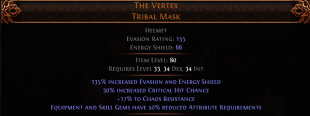 RISE OF THE ABYSS The Vertex Tribal Mask UNIQUE HELMET LVL 33 REQ CRITICAL HIT CHANCE AMAZON HUNTRES - image