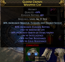 2 SOX 491 EVASION HELM 132 LIFE 20 RARITY 34 INT 36% FIRE 39% COLD RESIST RANGER MERCENARY MONK HUNT - image