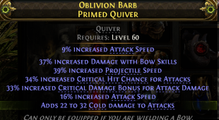 PRIMED QUIVER COLD DMG 37% BOW SKILL DMG 39% PROJ SPEED 25% A. SPEED 34% CRIT CHANCE 33% CRIT BONUS - image