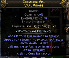 ES+EVASION GLOVES WITH FIRE+LIGHTNING DMG 96 LIFE 21% RARITY 27 DEX 39% COLD RESIST - image