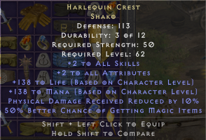 Harlequin Crest Shako +2 to ALL SKILLS +2 TO ALL ATTRIBUTES - image