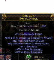 RING WITH 33% COLD DMG LIGHT DMG 14% RARITY 21 STR 36% FIRE 19% COLD RESIST 130 ACCURACY - image