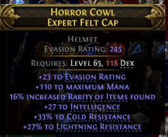 rare helmet 65 level (118 DEX REQ) 33% cold res/27% lightning res/27 int/110 max mana/16% rarity of - image