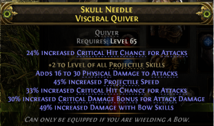 VISCERAL QUIVER +2 PROJ SKILL T1 PHYS DMG 49 BOW SKILL DMG 45 PROJ SPEED 33 CRIT CHANCE 30CRIT BONUS - image