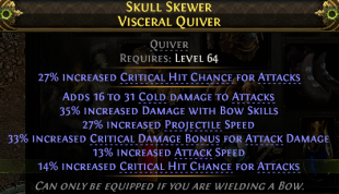 VISCERAL QUIVER COLD DMG 35% BOW SKILL DMG 27% PROJ SPEED 33% CRIT DMG BONUS 41% CRIT CHANCE 13% A.S - image