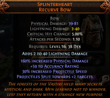 PERFECT SPLINTERHEART RECURVE BOW 150 TOTAL MAX DMG 3X SOCKETED 1-30 LIGHT DMG LVL 16 REQ - image