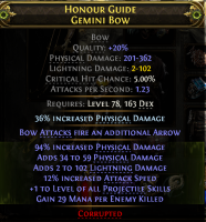 420 DPS GEMINI BOW WITH 102 LIGHTNING DMG 12% ATTACK SPEED 1 TO PROJ SKILLS 29 MANA PER KILL DEADEYE - image