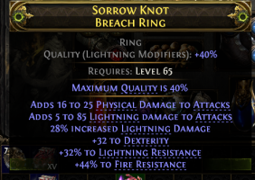 BREACH RING 85 LIGHTNING DMG+25 PHYSICAL 28% LIGHTNING DMG 32% LIGHTNING RESIST 44% FIRE RES 32 DEX - image