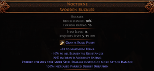 RISE OF THE ABYSSAL Nocturne Wooden Buckler UNIQUE BUCKLER LVL 5 REQ HUNTRESS SHIELD AMAZON SHIELD - image