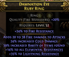 RARITY RING 39% RARITY FOUND HIGH FIRE DMG 24% COLD DMG 14% ALL RES 24% FIRE 35% LIGHTNING RESIST - image
