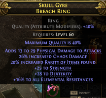 BREACH RING PHYSICAL DMG 26% CHAOS DMG 20% RARITY 25 STR 28 DEX 16% ALL RESISTANCES - image