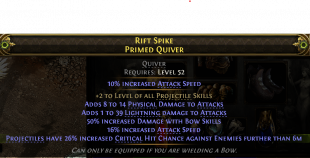 PRIMED QUIVER +2 PROJ SKILLS 50% BOW SKILLS DMG PHYSICAL+LIGHT DMG 26% ATTACK SPEED 26% CRIT CHANCE - image