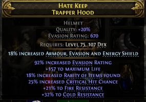 670 EVASION HELM 157 LIFE 18% RARITY 25% CRIT CHANCE 32% COLD 21% FIRE RESIST DEADEYE MONK MERC - image