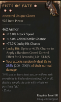 3 GA FISTS OF FATE GREATER AFFIX LUCKY HIT CHANCE ATTACK SPEED CRITICAL STRIKE CHANCE 295% ASPECT - image
