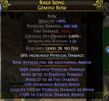 410 DPS GEMINI BOW 13% ATTACK SPEED 44 FIRE DMG 19 CRIT DMG BONUS MANA LEECH DEADEYE LIGHTNING ARROW - image
