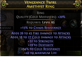 RING WITH FIRE+COLD DMG 32 STRENGTH 29 DEXTERITY 54% COLD 12% CHAOS 42 LIFE - image