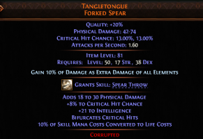 PERFECT 2 SOCKET 20% QUALITY TANGLETONGUE PERF 8% CRITICAL HIT CHANCE DEADEYE SPEAR LIGHTNING SPEAR - image
