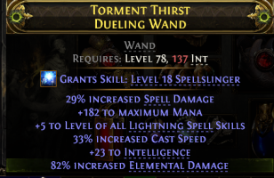 DUELING WAND +5 LIGHTNING SKILLS 82% ELEMENTAL DMG 29% SPELL DMG 183 MANA 33% CAST SPEED 23 INTELLIG - image