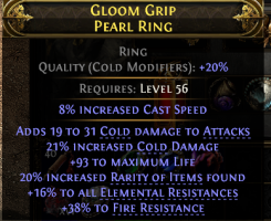 RING 31 COLD DMG 21% COLD DMG 93 LIFE 20% RARITY 16% ALL RESIST 38% FIRE RES 9 CAST SPEED MONK RING - image