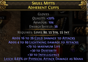 GLOVES WITH HIGH COLD+LIGHTNING DMG 79 LIFE 30 DEX 30 INT 8% MANA LEECH WARRIOR RANGER HUNTRESS - image