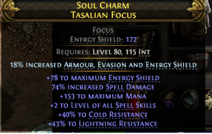 FOCUS +2 ALL SPELL SKILLS 200 ES 74% SPELL DMG 153 MANA 40% COLD 43% LIGHTNING RESIST WITCH SORC - image