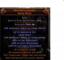 VENTOR'S GAMBLE 17 SPIRIT 37 LIFE 27% RARITY +28/35/38% RESISTANCES MINION WITCH RING LICH INFERNALI - image