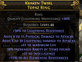 RING WITH PHYSICAL + LIGHTNING DMG 61 LIFE 16% RARITY 27 INTELLIGENCE 13% ALL RES 30% LIGHT RESIST - image