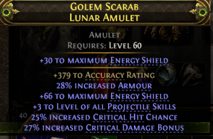 AMULET +3 PROJ SKILLS 25% CRIT CHANCE 27% CRIT DMG BONUS 379 ACCURACY RATING 96 E.S Galvanic Shards - image