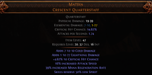 RISE OF THE ABYSS Matsya UNIQUE QUARTERSTAFF LVL 20 REQ MONK WEAON MONK STAFF SKILLS RESERVE 50% LES - image