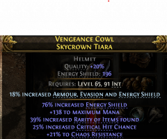 196 ES HELM 39% RARITY FOUND 138 MANA 25% CRIT CHANCE 21% CHAOS RESIST SORCERESS WITCH HELM - image