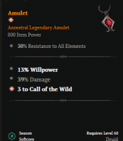 SEASON 10 1 GA COMPANION DRUID AMULET +3 CALL OF THE WILD 14% WILLPOWER RAVEN DRUID AMULET - image