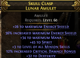 INFERNALIST MINION AMULET +3 MINION LVLS 45 SPIRIT 32 DEX 36% ENERGY SHIELD 32 DEX 12 CRIT BONUS - image