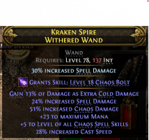 WITHERED WAND WITH 5 CHAOS SKILLS CHAOS DMG SPELL DMG CAST SPEED MANA EXTRA DMG LICH WITCH SORC WAND - image