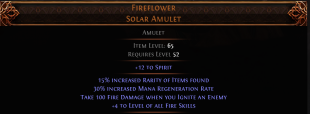 RISE OF THE ABYSSAL Fireflower Solar Amulet UNIQUE AMULET LVL 52 REQ +4 TO LEVEL ALL FIRE SKILLS - image