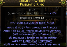 RING HIGH FIRE+LIGHTNING DMG 30% COLD DMG 19% RARITY 44% LIGHTNING 15% LIGHT+CHAOS RES 10% ALL RESIS - image